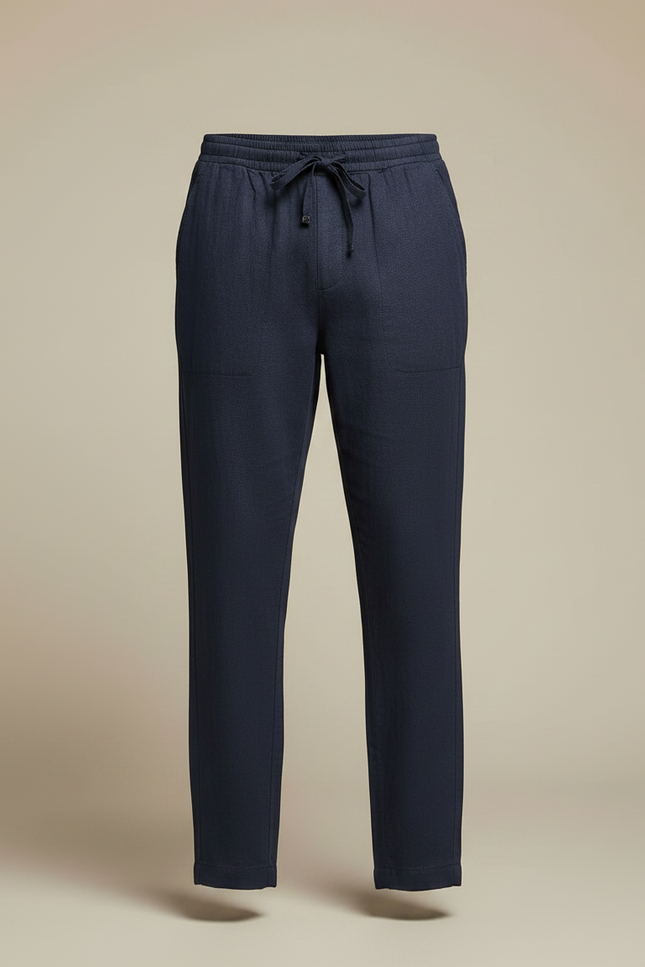 Pantalon Japonais Bleu Marine Lin Ample Décontracté Cordon - vue 3