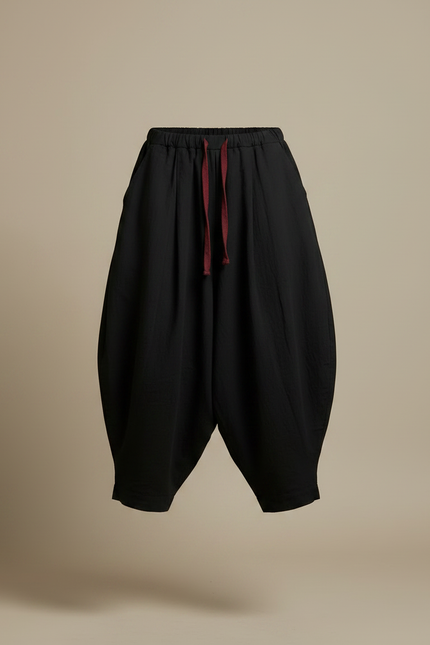 Pantalon Japonais Noir Ample Fluide Cordon Décontracté - Viscose - vue 3