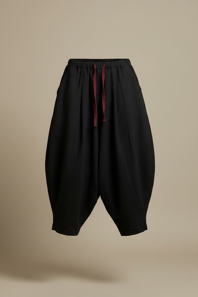 Pantalon Japonais Noir Ample Fluide Cordon Décontracté - Viscose - vue 3
