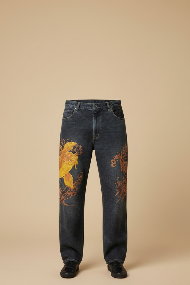 Pantalon Japonais Denim Ample Koi Brodé Homme - Gris Jean - vue 3