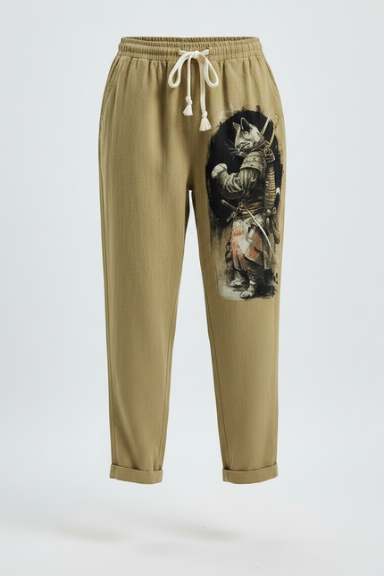 Pantalon Japonais Kaki Ample Coton Chat Samurai - vue 3