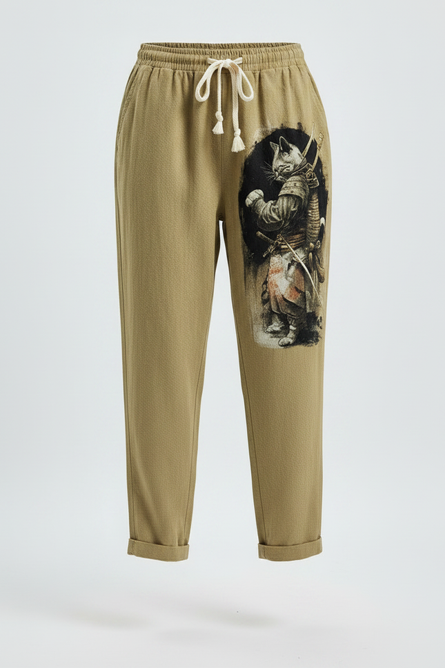 Pantalon Japonais Kaki Ample Coton Chat Samurai - vue 3