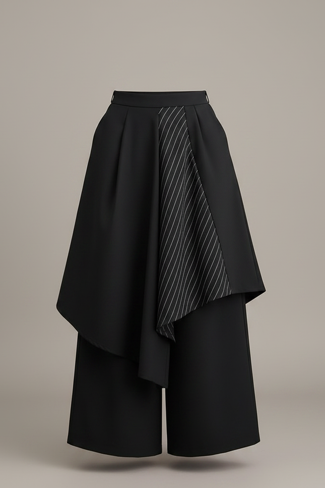 Pantalon Japonais Noir Asymétrique Rayé Fluide Ample - Polyester - vue 3