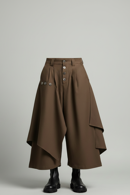 Pantalon Japonais Marron Ample Superposé Asymétrique Moderne - Laine - vue 3