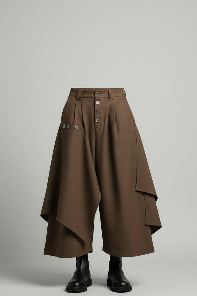 Pantalon Japonais Marron Ample Superposé Asymétrique Moderne - Laine - vue 3