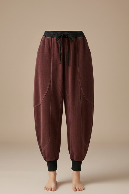 Pantalon Japonais Velours Côtelé Marron Harem Cordon Élastique - Bordeaux Cordé - vue 3