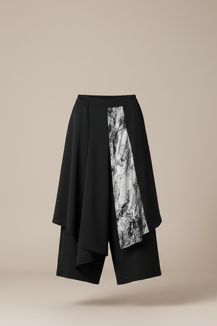 Pantalon Japonais Noir Asymétrique Imprimé Fluide Ample - Polyester - vue 3