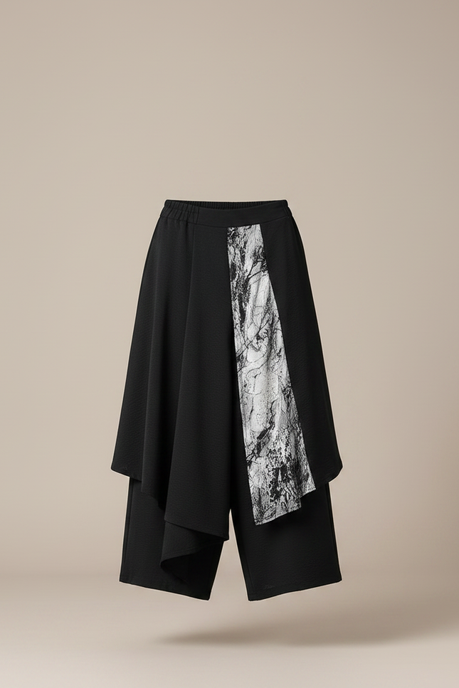Pantalon Japonais Noir Asymétrique Imprimé Fluide Ample - Polyester - vue 3