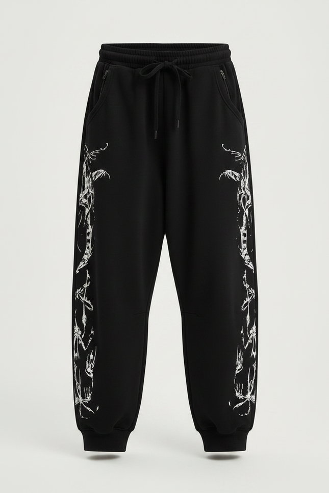 Pantalon Japonais Noir Large Streetwear Imprimé Gothique - Molleton - vue 3
