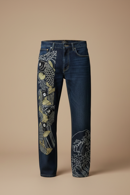 Pantalon Japonais Denim Brodé Koi Ample Homme - Bleu Jean - vue 3