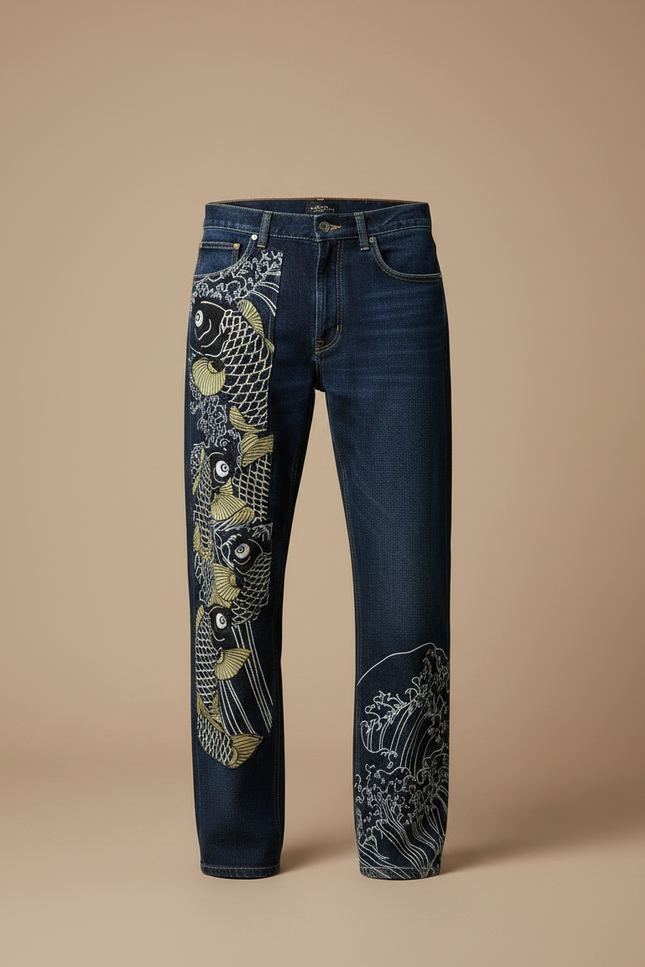 Pantalon Japonais Denim Brodé Koi Ample Homme - Bleu Jean - vue 3
