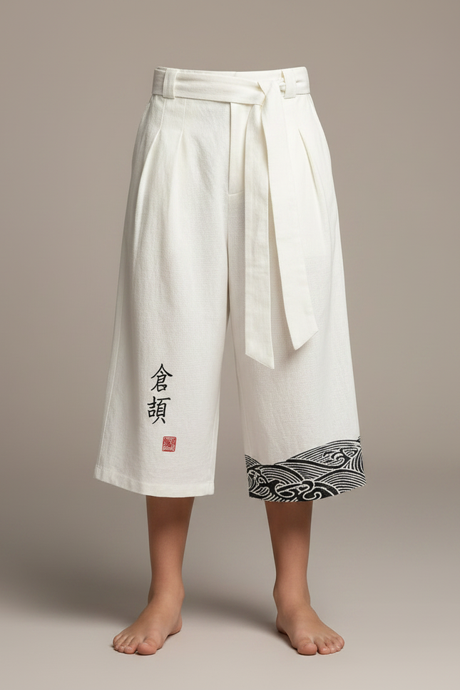 Pantalon Japonais Blanc Ample Lin Ceinturé Motif Vagues - vue 3