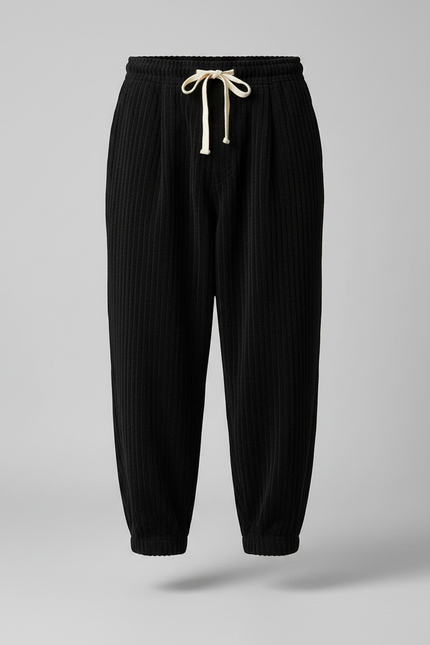 Pantalon Japonais Noir Côtelé Ample Cordon Décontracté - Cordé - vue 3
