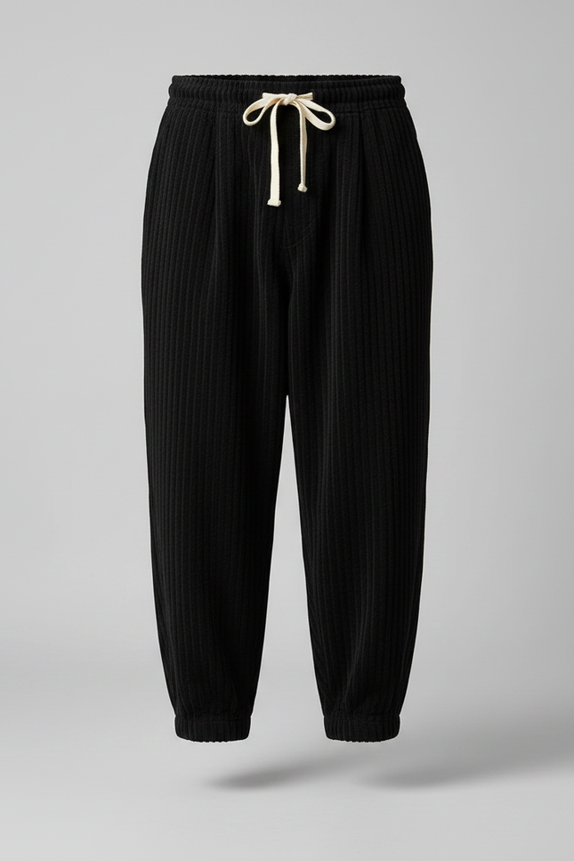 Pantalon Japonais Noir Côtelé Ample Cordon Décontracté - Cordé - vue 3