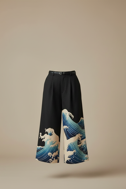 Pantalon Japonais Noir Ample Vagues Imprimées Fluide - Laine - vue 3