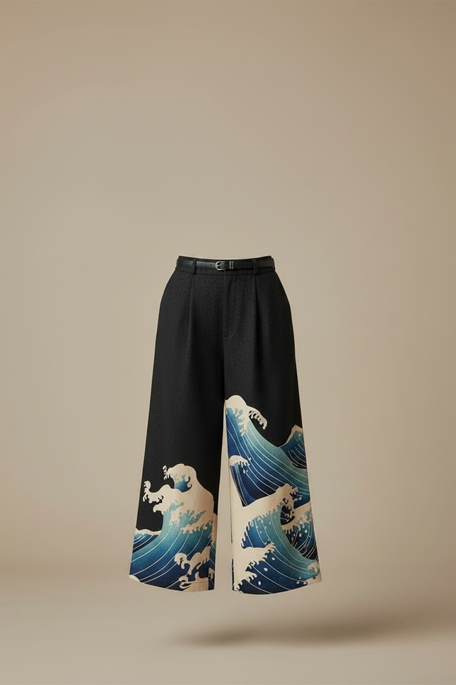 Pantalon Japonais Noir Ample Vagues Imprimées Fluide - Laine - vue 3