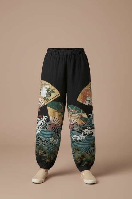Pantalon Japonais Noir Ample Motifs Éventails Vagues - Coton - vue 3