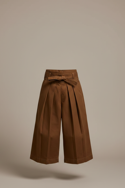 Pantalon Japonais Marron Plissé Ample Ceinturé Coton - Toile - vue 3