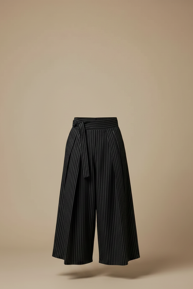 Pantalon Japonais Noir Rayé Plissé Ample Ceinturé Homme - Polyester - vue 3