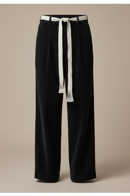 Pantalon Japonais Velours Côtelé Noir Large Cordon Décontracté - Cordé - vue 3