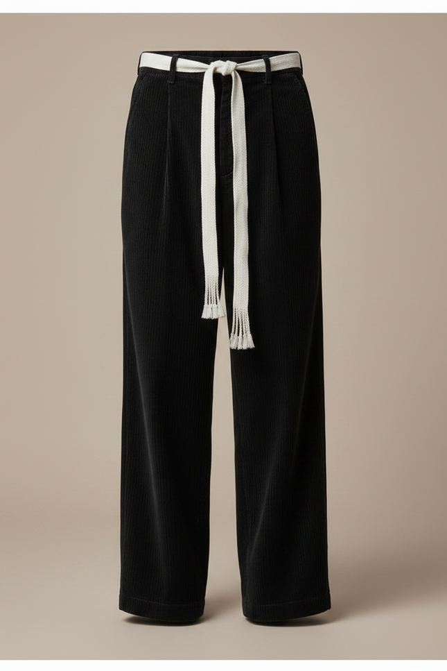 Pantalon Japonais Velours Côtelé Noir Large Cordon Décontracté - Cordé - vue 3