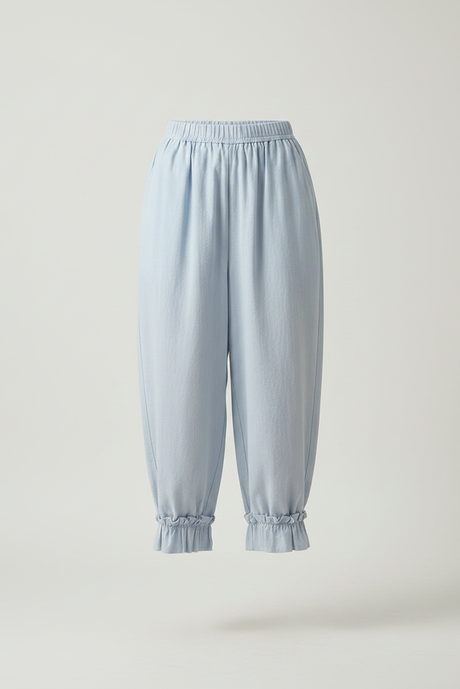 Pantalon Japonais Bleu Ample Volants Coton Décontracté - vue 3