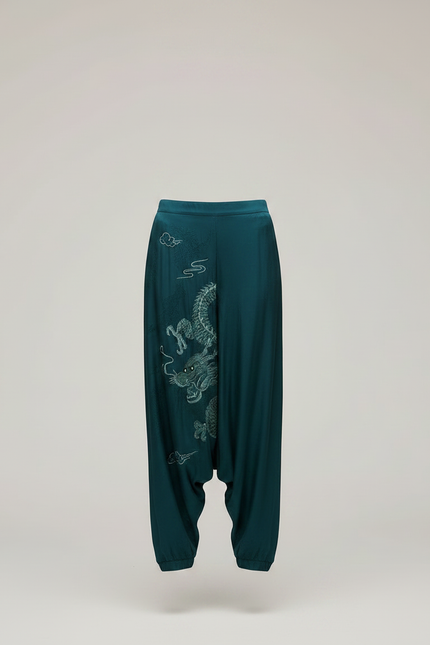Pantalon Japonais Vert Dragon Brodé Satin Fluide Harem - vue 3