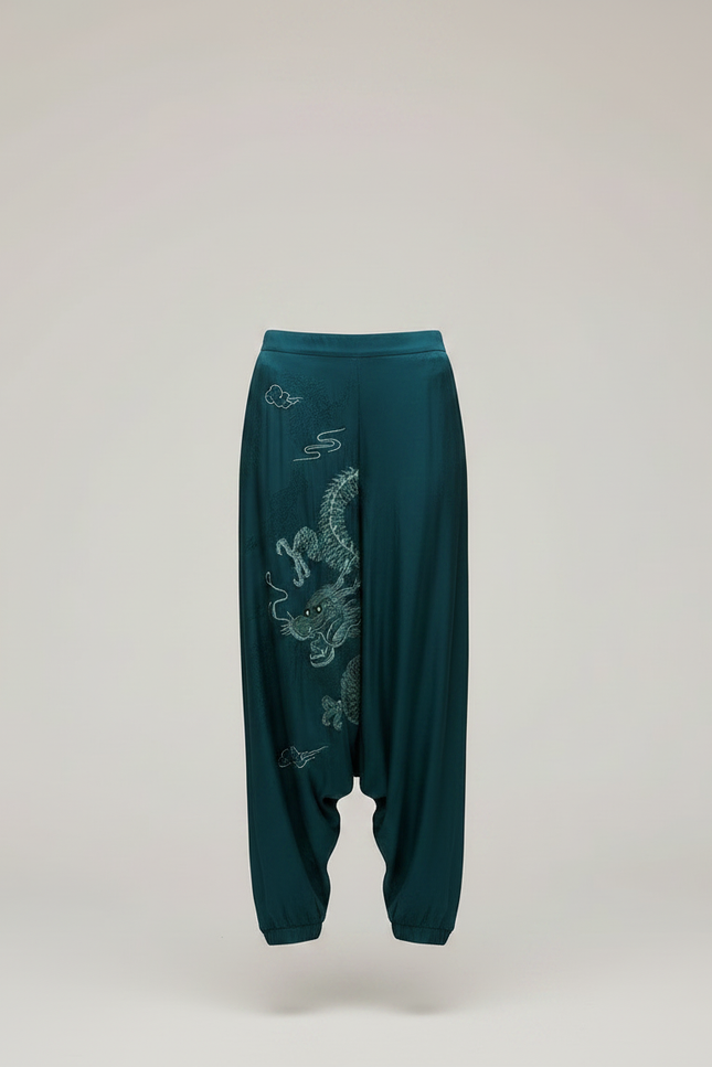 Pantalon Japonais Vert Dragon Brodé Satin Fluide Harem - vue 3