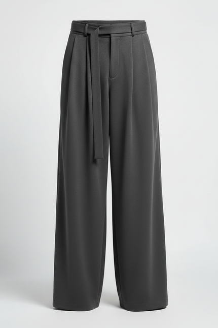 Pantalon Japonais Large Ceinturé Gris Ample Élégant - Polyester - vue 3