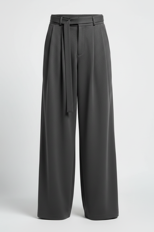 Pantalon Japonais Large Ceinturé Gris Ample Élégant - Polyester - vue 3