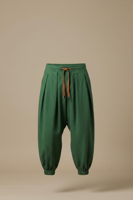 Pantalon Japonais Harem Vert Coton Ample Plissé - vue 3