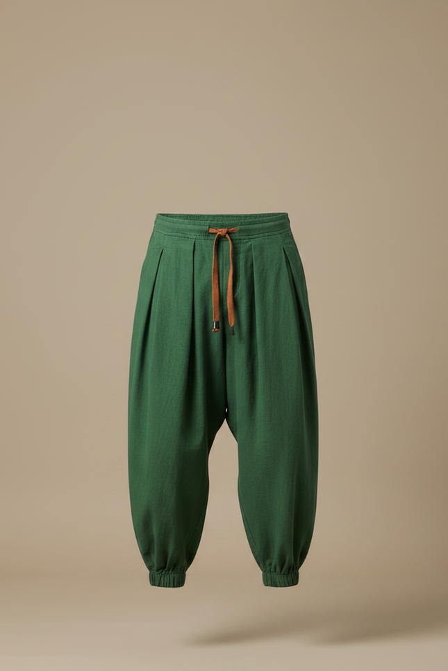 Pantalon Japonais Harem Vert Coton Ample Plissé - vue 3