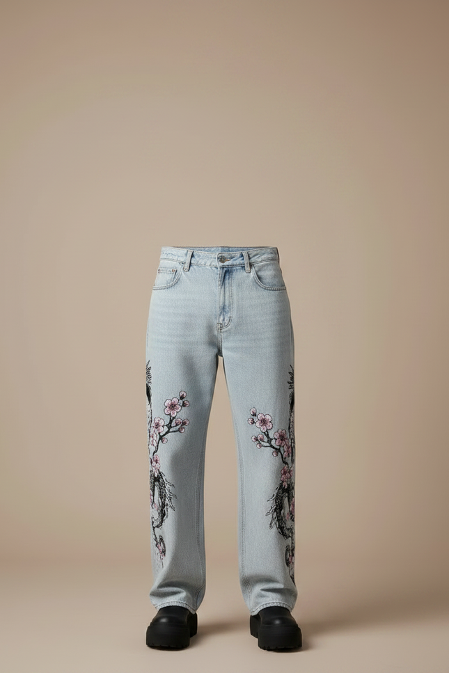 Pantalon Japonais Dragon Sakura Denim Ample Homme - Bleu Jean - vue 3