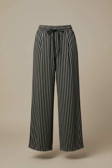 Pantalon Japonais Rayé Ample Taille Haute Noir - Maille - vue 3