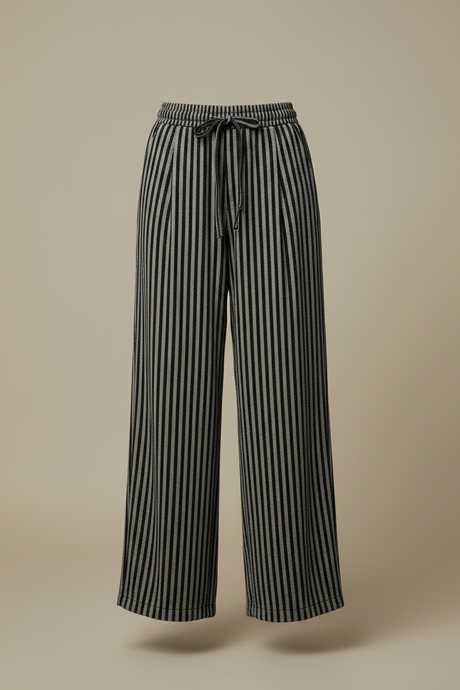 Pantalon Japonais Rayé Ample Taille Haute Noir - Maille - vue 3