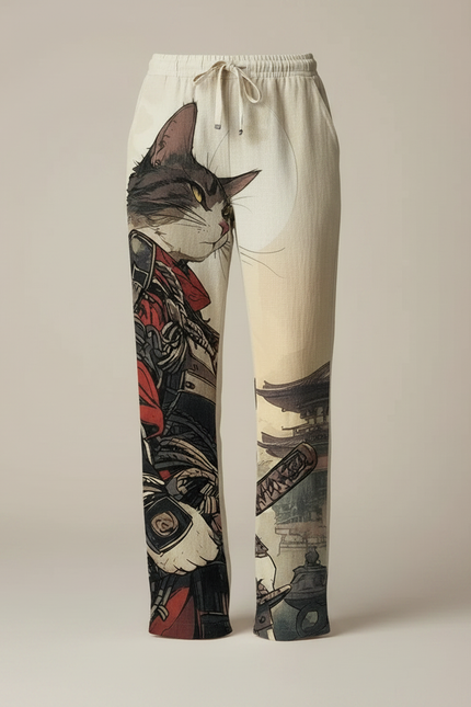 Pantalon Japonais Large Lin Imprimé Chat Samurai - vue 3