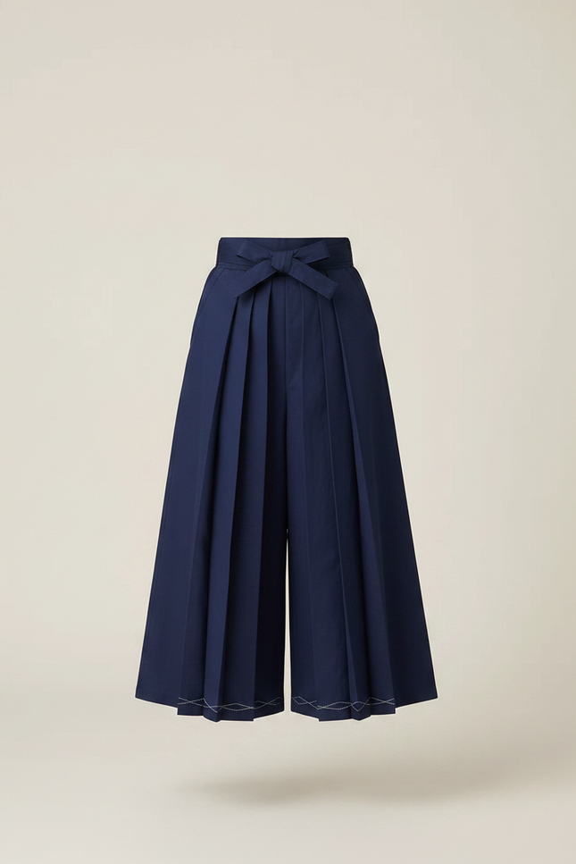 Pantalon Japonais Bleu Marine Plissé Large Coton - Gabardine - vue 3
