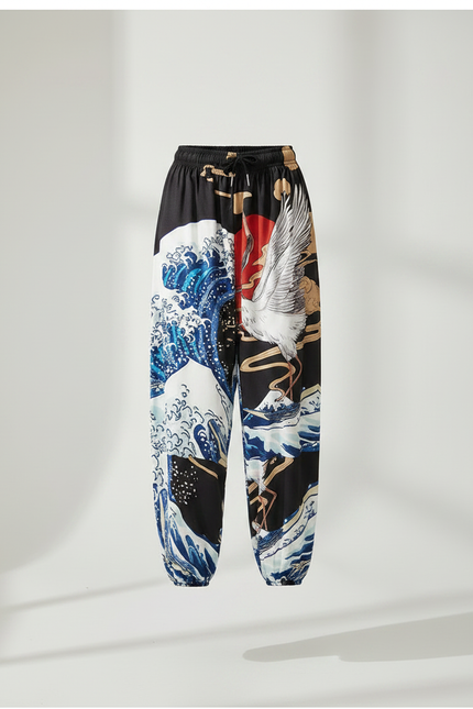 Pantalon Japonais Noir Harem Imprimé Vagues Grue - Multicolore Polyester - vue 3