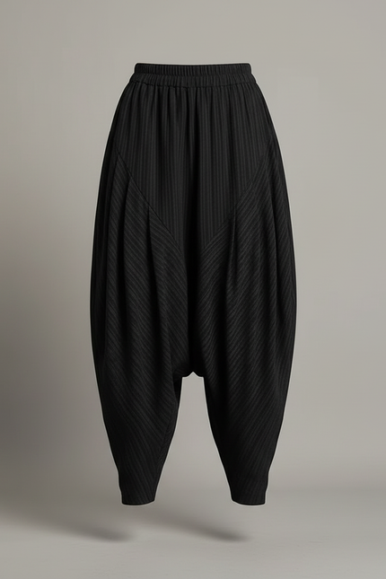 Pantalon Japonais Noir Plissé Ample Femme Rayé - Polyester - vue 3