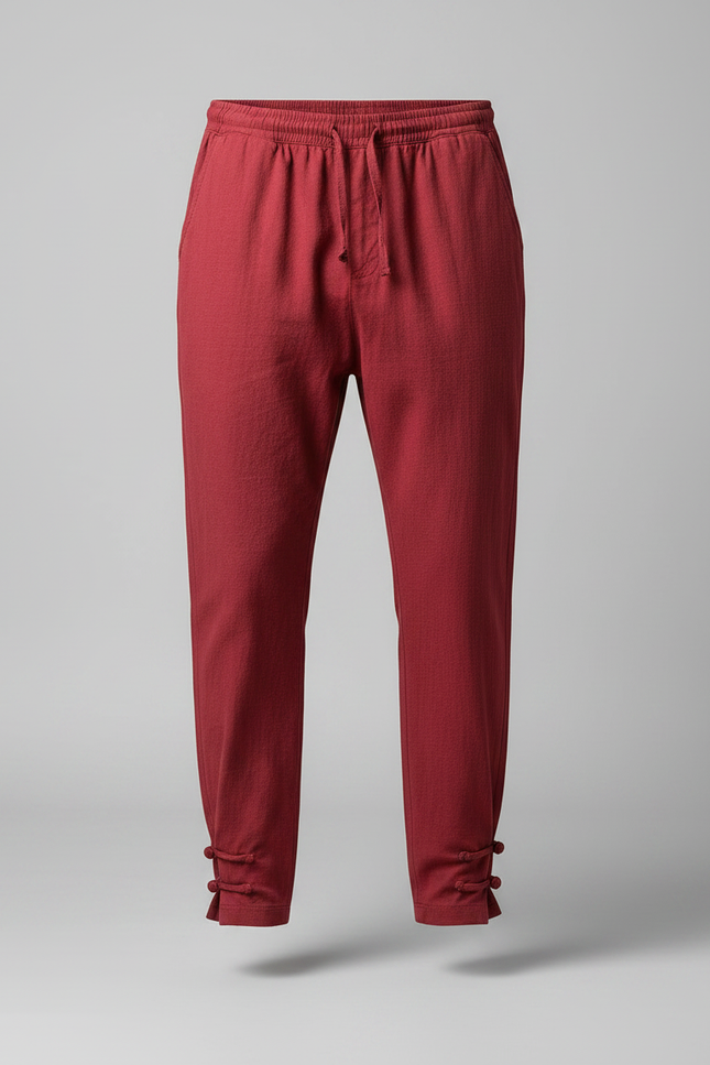 Pantalon Japonais Rouge Lin Ample Décontracté Boutons - vue 3