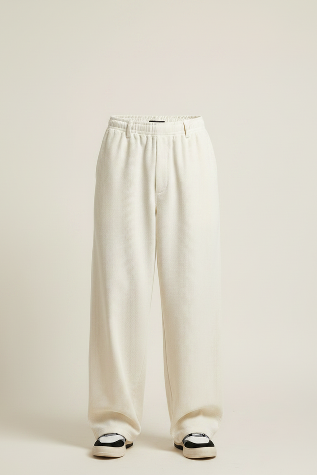 Pantalon Japonais Crème Velours Côtelé Ample Élastique Décontracté - Beige Cordé - vue 3