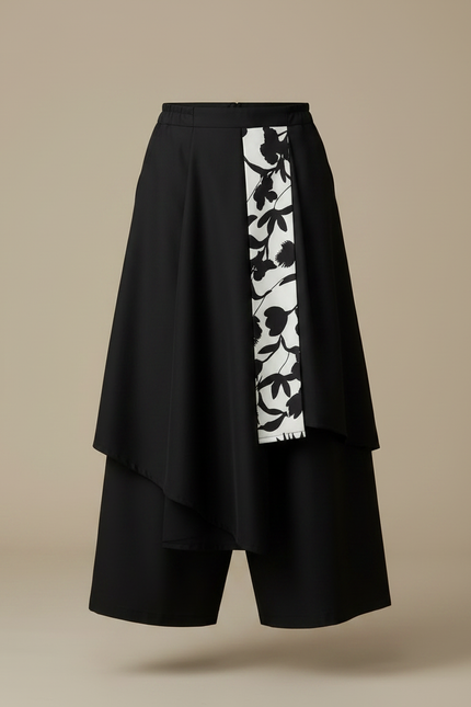 Pantalon Japonais Noir Superposé Asymétrique Floral Ample - Polyester - vue 3