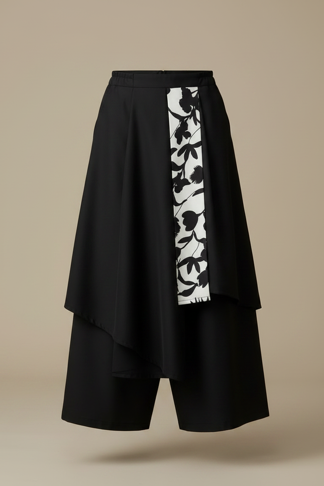 Pantalon Japonais Noir Superposé Asymétrique Floral Ample - Polyester - vue 3