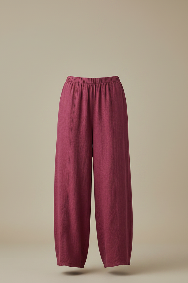 Pantalon Japonais Ample Lin Coton Rouge Fluide - Bordeaux - vue 3
