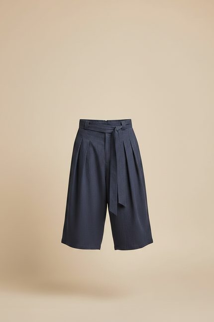 Pantalon Japonais Bleu Marine Ample Plissé Ceinturé - Lin - vue 3