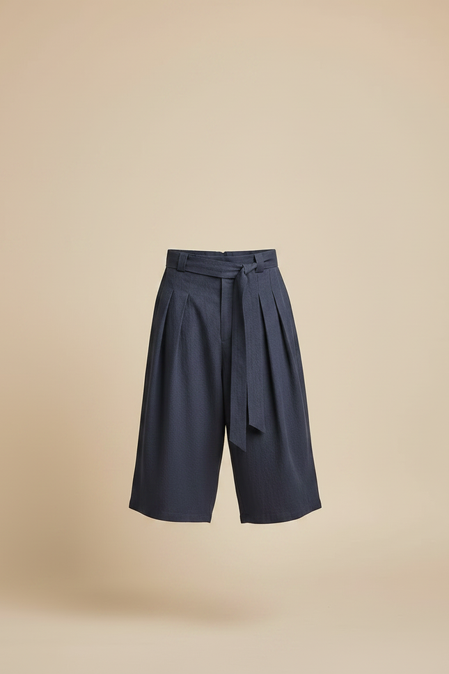 Pantalon Japonais Bleu Marine Ample Plissé Ceinturé - Lin - vue 3