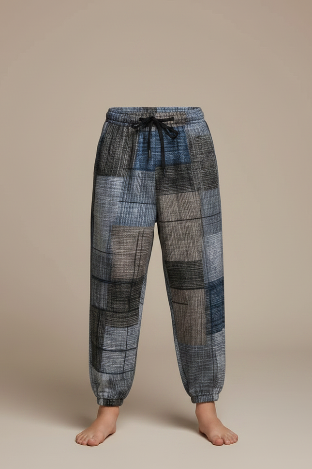 Pantalon Japonais Carreaux Ample Patchwork Élastique Cordon - Multicolore Tweed - vue 3