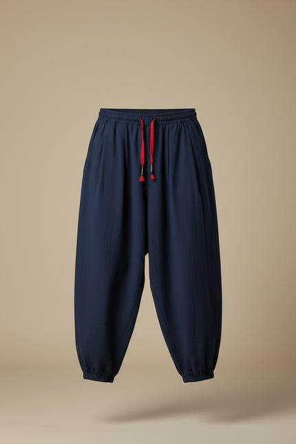 Pantalon Japonais Bleu Marine Ample Coton Lin Casual Homme - vue 3
