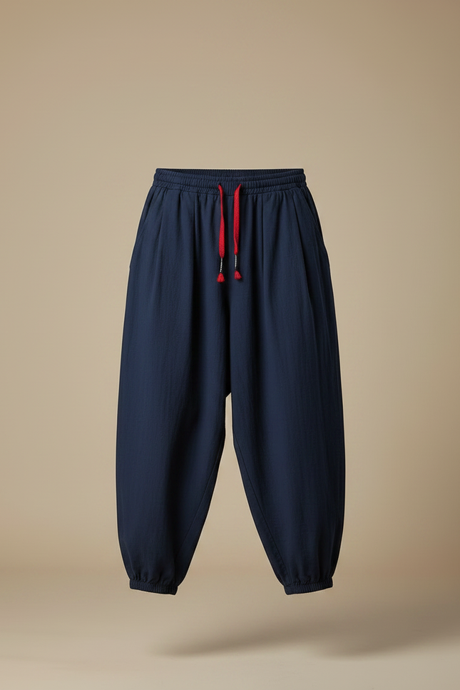 Pantalon Japonais Bleu Marine Ample Coton Lin Casual Homme - vue 3