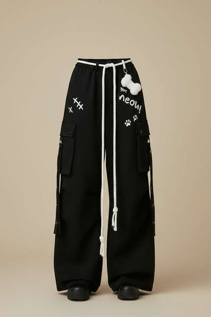 Pantalon Japonais Noir Ample Cargo Cordon Streetwear - Molleton - vue 3